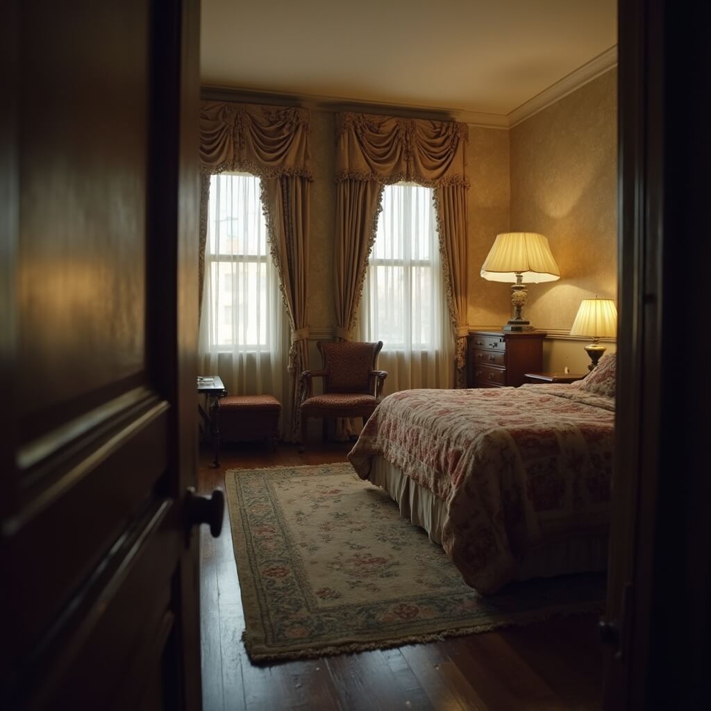 Close-up view of Room 306, the preserved assassination site of Dr. Martin Luther King Jr., featuring vintage furniture and personal items, with soft lighting adding a somber mood.