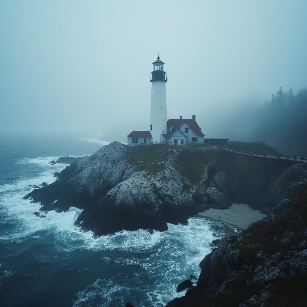 Nubble Lighthouse in York, Maine against a misty morning backdrop with Atlantic waves crashing into the rocky island