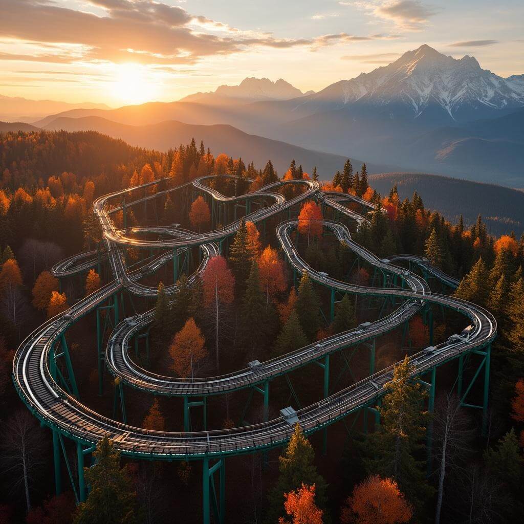 Aerial drone photo of a mountain coaster track weaving through autumn-colored trees during golden hour, with spiraling turns and mountain peaks in the background