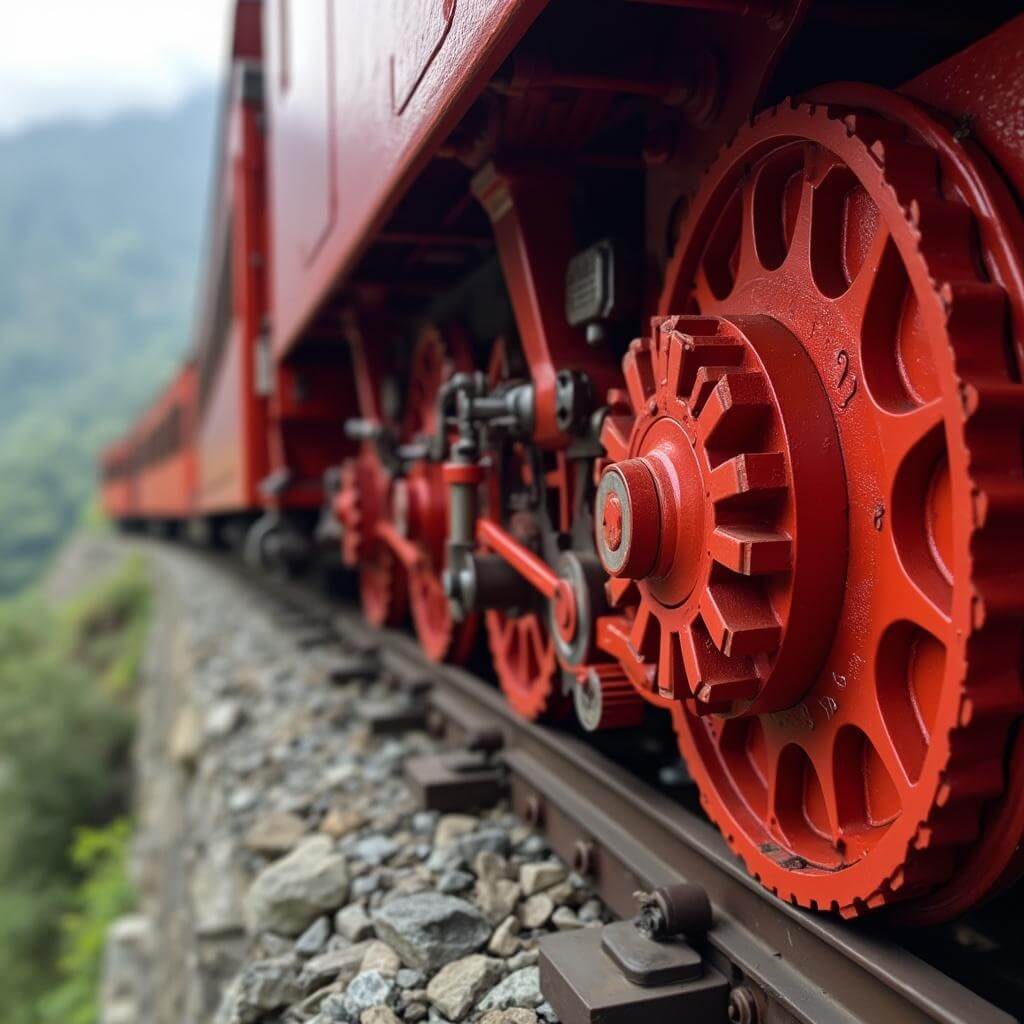 Close-up of red cog railway wheels engaging with track mechanism on steep mountain terrain