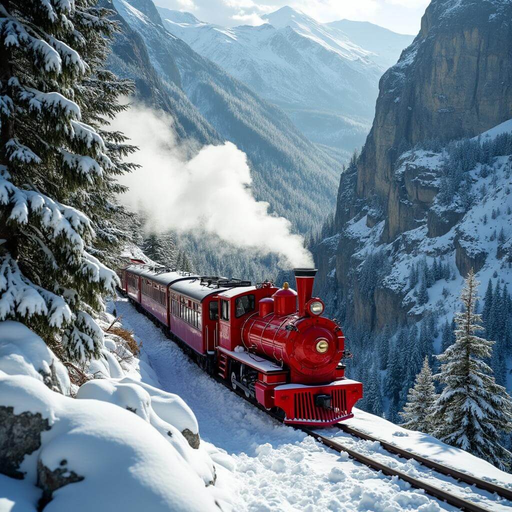 Red cog railway train ascending snow-covered mountain track through pine trees, with rocky cliffs and steam in the air