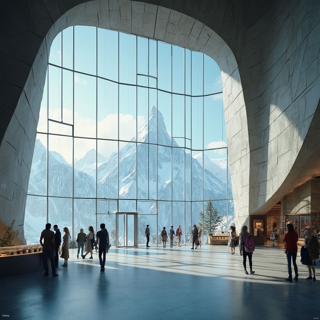 Interior of Swiss-designed summit visitor center with panoramic windows displaying mountain vista, soft natural light emphasizing interpretive exhibits and unique architectural details
