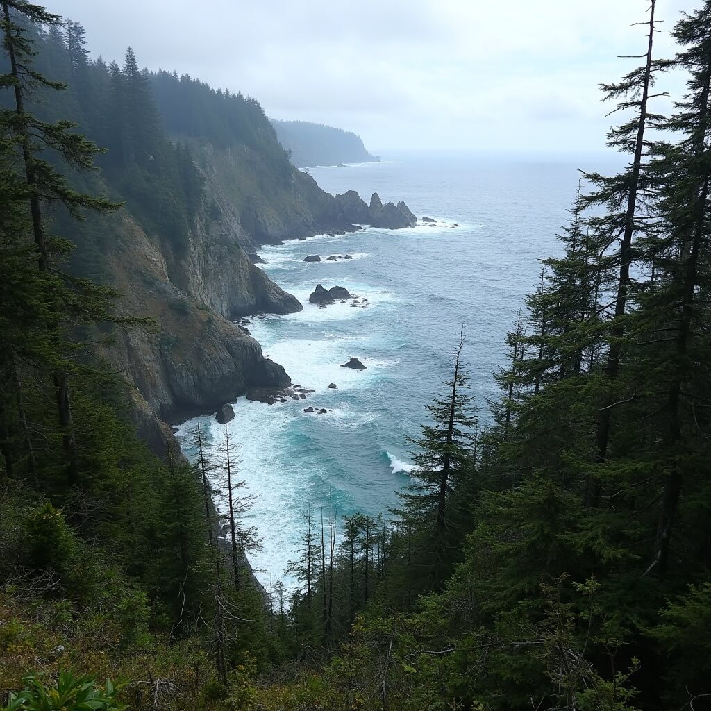 Panoramic view of Oregon coastline from Cape Falcon Trail, showcasing old-growth forest, dramatic cliffs, and Pacific Ocean
