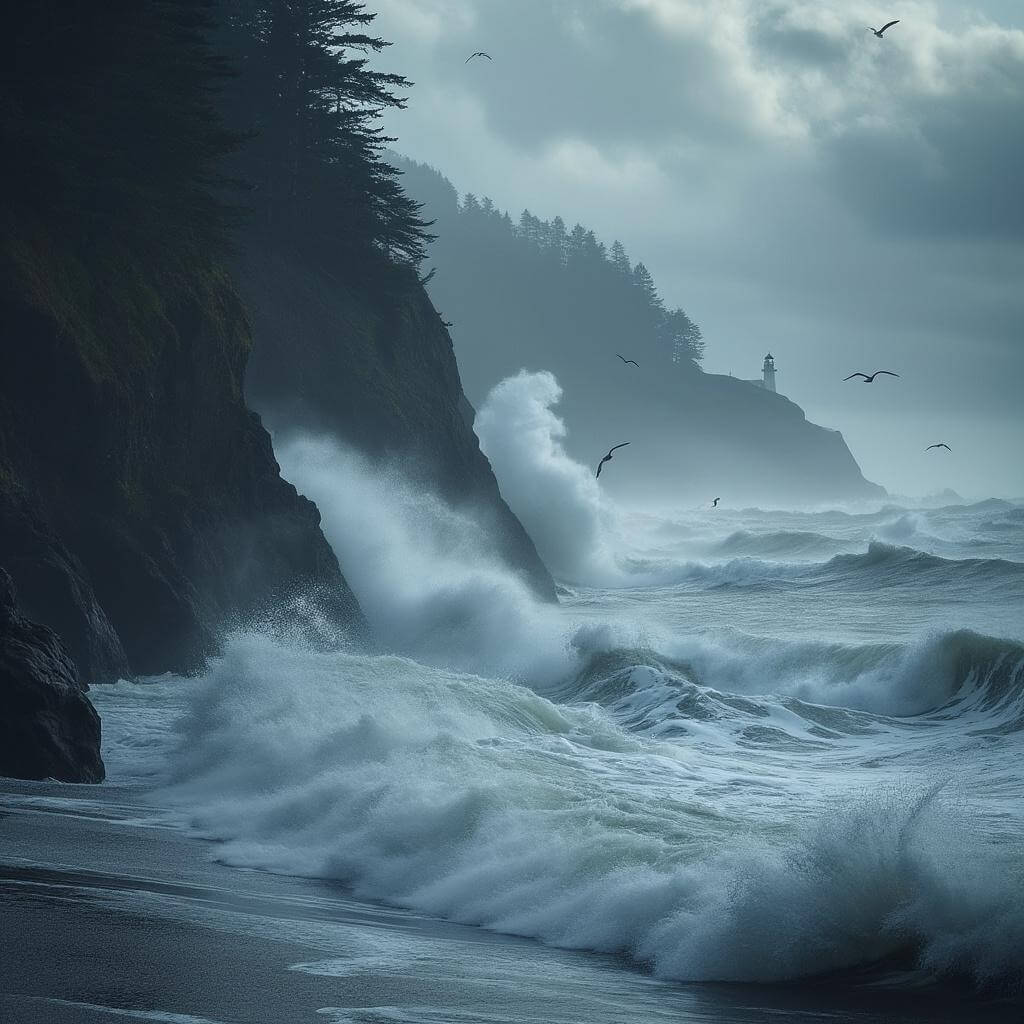 Winter storm at Oregon coast with massive waves hitting cliffs, stormy clouds, soaring seabirds, and distant lighthouse