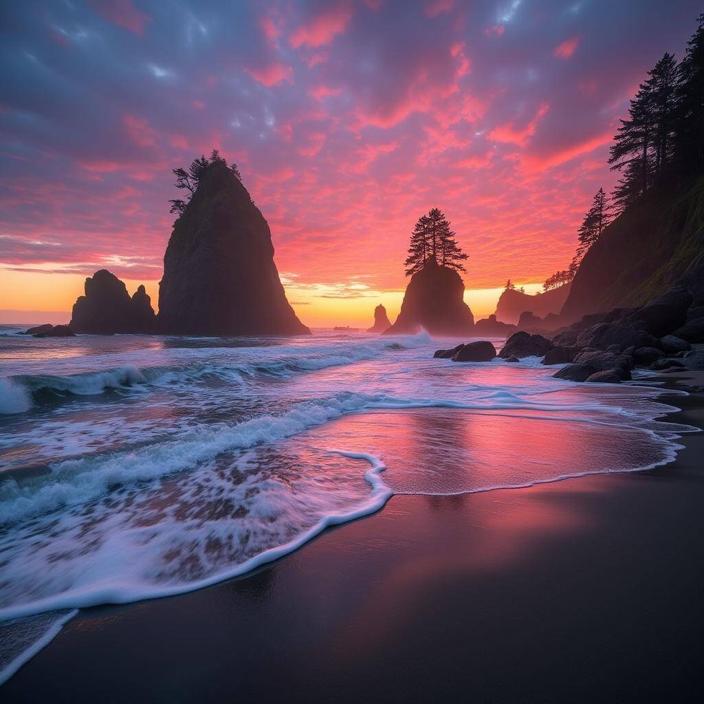 Dramatic Pacific Northwest coastline at golden hour with silhouette of sea stacks against orange and pink sky, crashing waves and wide sandy beach, captured in wide-angle lens perspective