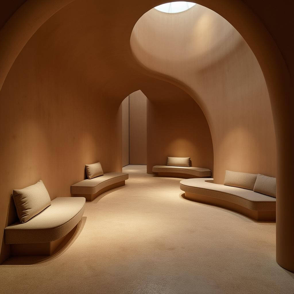 Peaceful reflection space inside a museum with soft lighting, comfortable seating areas, and muted earth tones