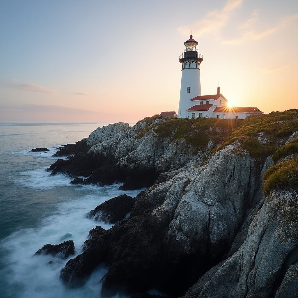 Pemaquid Point Lighthouse on rocky coastline with sunset light illuminating the white tower