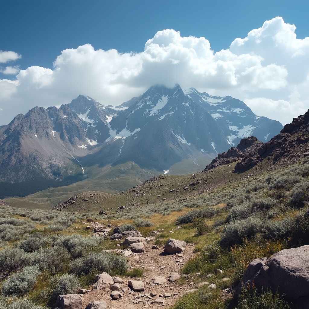High altitude alpine tundra landscape showcasing rocky terrain, sparse vegetation, distant Pikes Peak mountains with dramatic clouds and clear sky