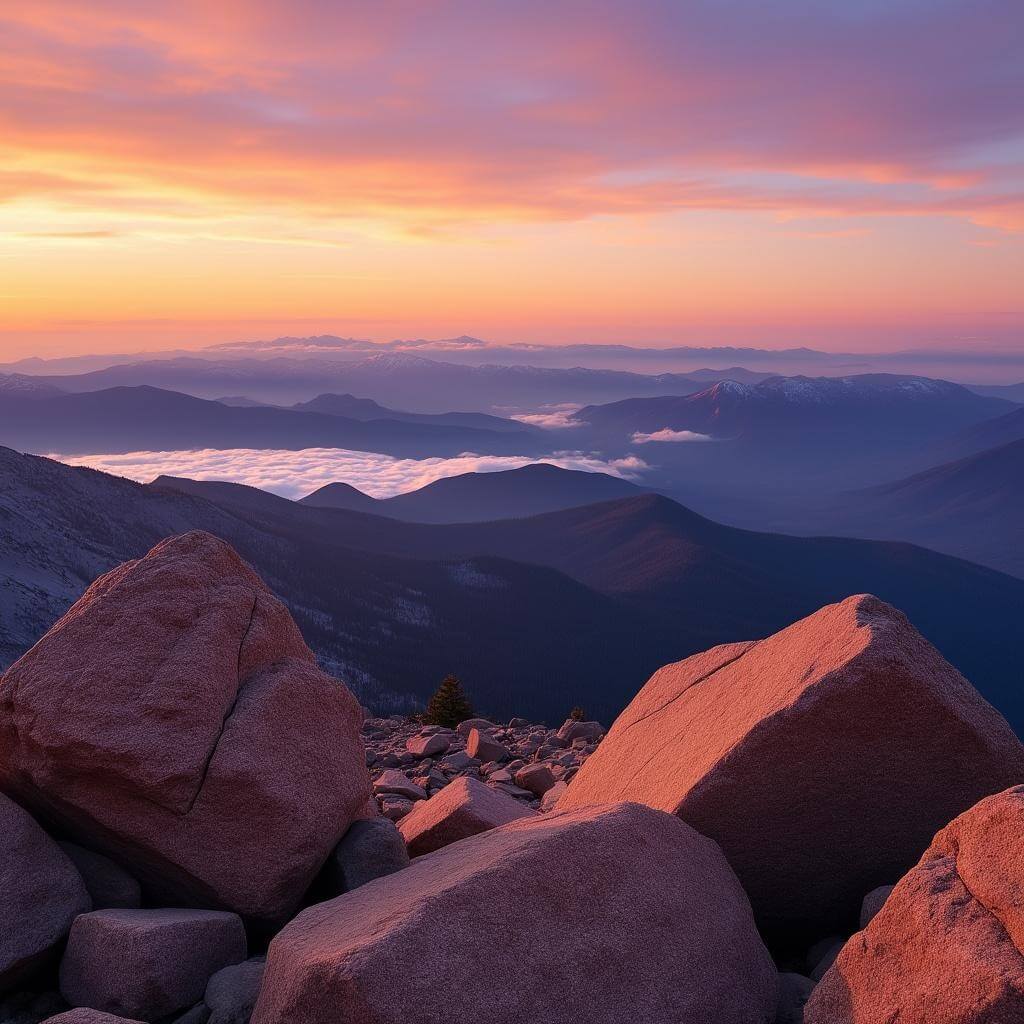 Sunrise view from Pikes Peak summit with orange and purple mountains, large granite boulders in the foreground, and clouds below at 14,115 feet