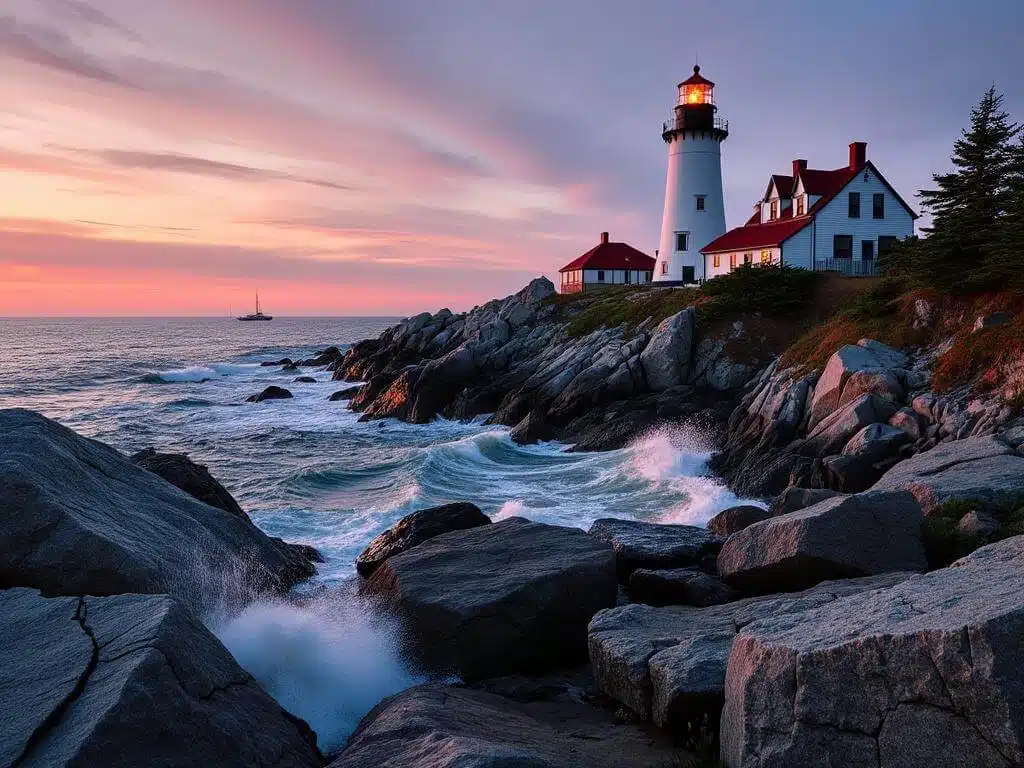 "Portland Head Light lighthouse on Maine cliffs with crashing waves at sunset, granite rocks and coastal vegetation in foreground, small lobster boats on horizon"