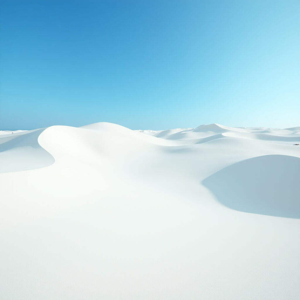 Brilliant white gypsum sand dunes under bright blue sky, creating dramatic shadows and textures with no human presence