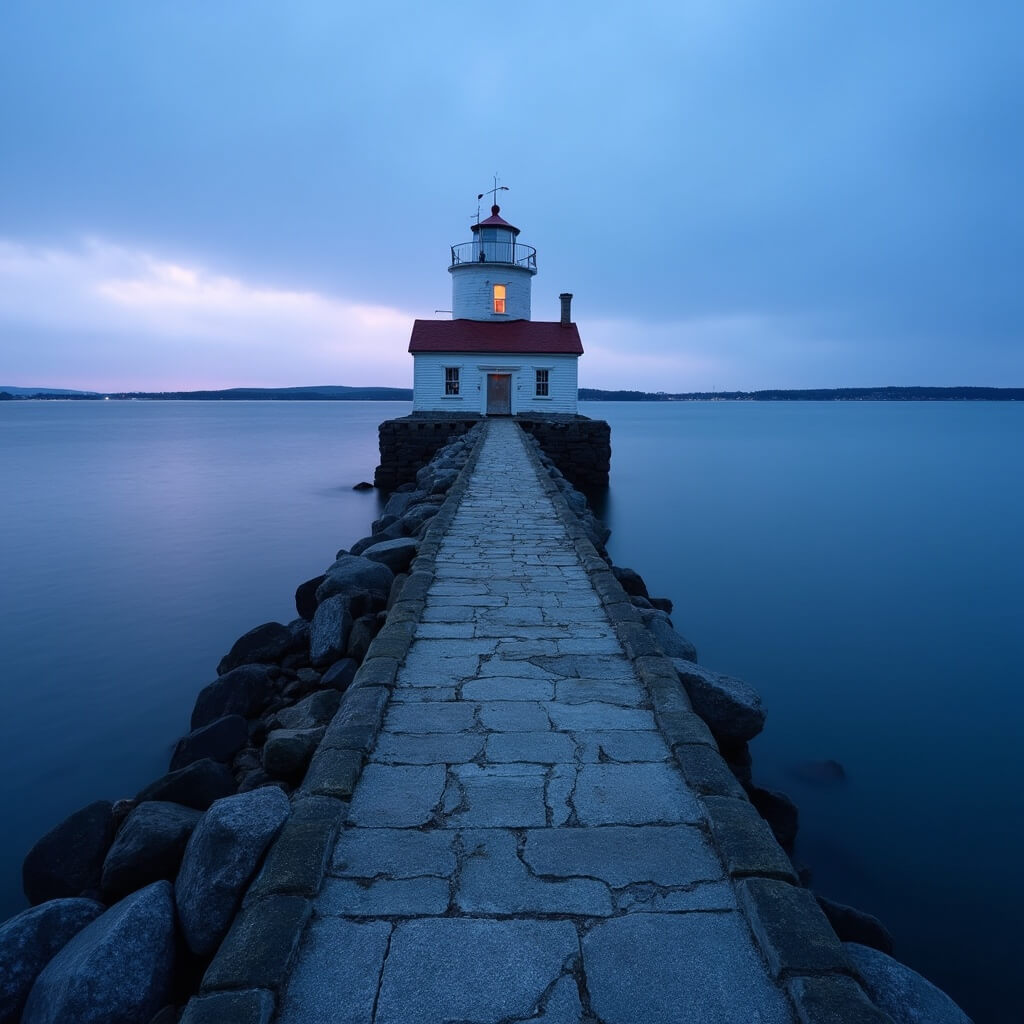 Rockland Breakwater Lighthouse at twilight, end of a granite stone path in Penobscot Bay, with evening colors reflecting on the water