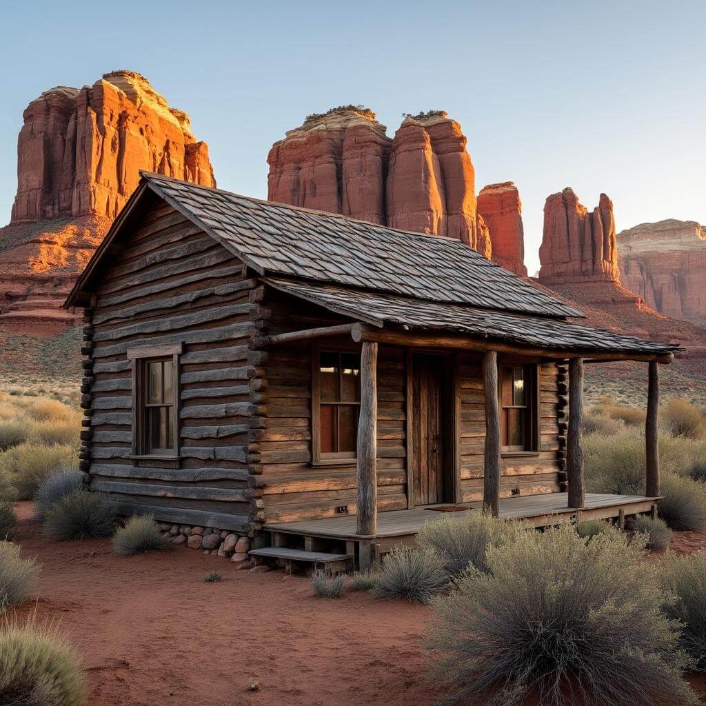 Historical wooden cabin amidst red rock formations at sunrise with morning mist and native desert shrubs