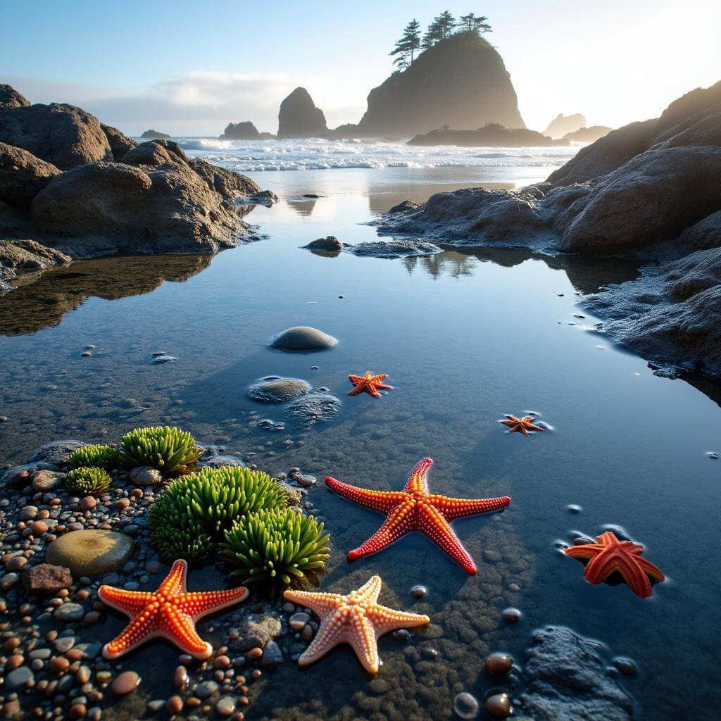 Serene morning tidepool with crystal clear water reflecting light, vibrant sea stars, green anemones, small crabs on rocks, misty offshore rocks and gentle waves in the background