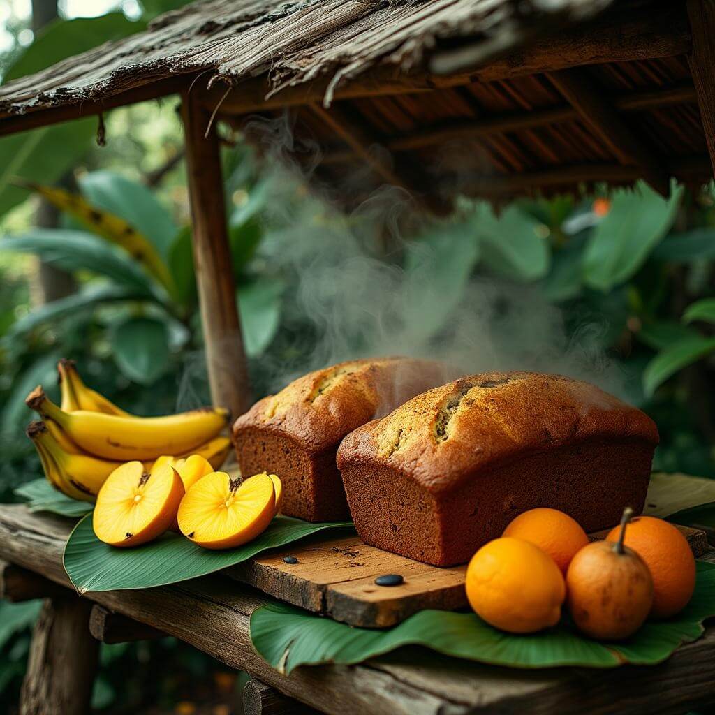 Rustic wooden roadside stand in lush tropical setting with steaming golden-brown banana bread loaves and vibrant tropical fruits on banana leaves