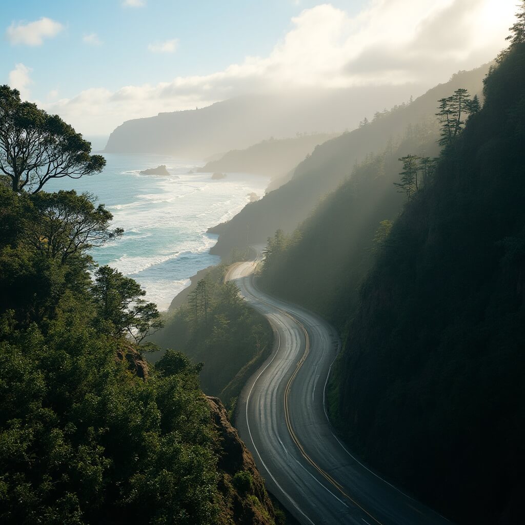 Early morning on the Hana Highway with mist-covered rainforest and ocean cliffs, no cars visible