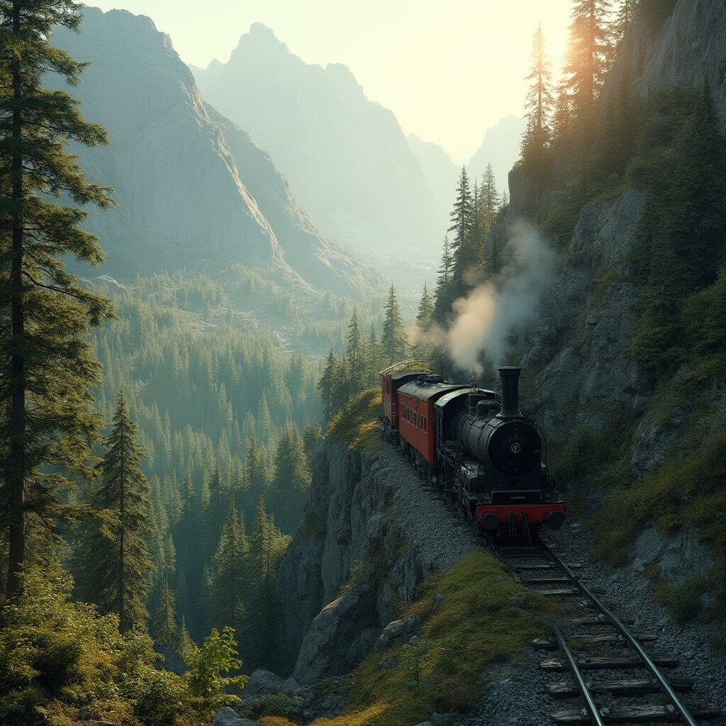 Vintage cog railway train ascending a steep mountain amidst lush green forests and rocky terrain, with early morning sunlight streaming through pine trees in a panoramic landscape view showcasing detailed train engineering