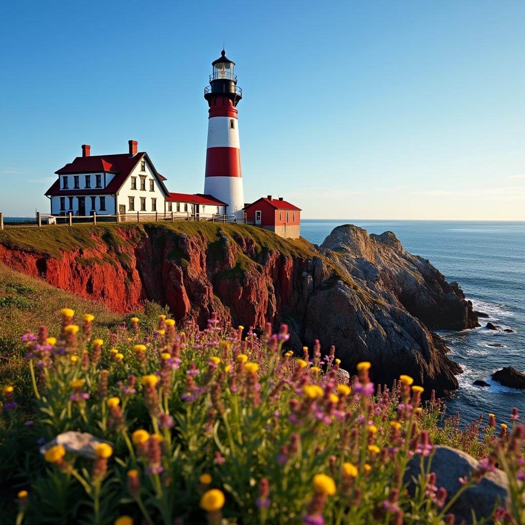 West Quoddy Head Light with red and white striped tower on a rocky promontory with wildflowers in the foreground, cliffs descending to the Atlantic Ocean and a vibrant blue sky overhead