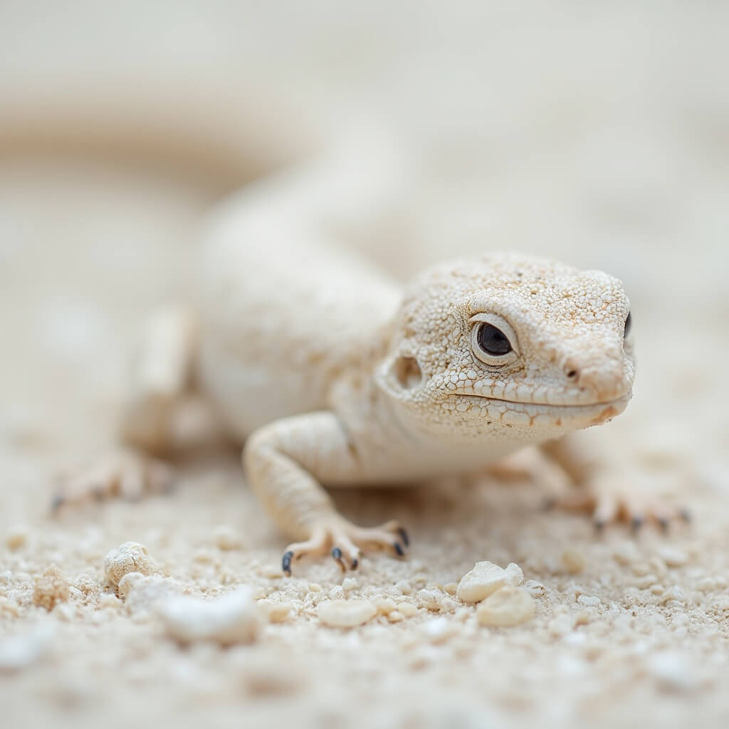 Close-up of a bleached earless lizard camouflaged on white sand in desert ecosystem