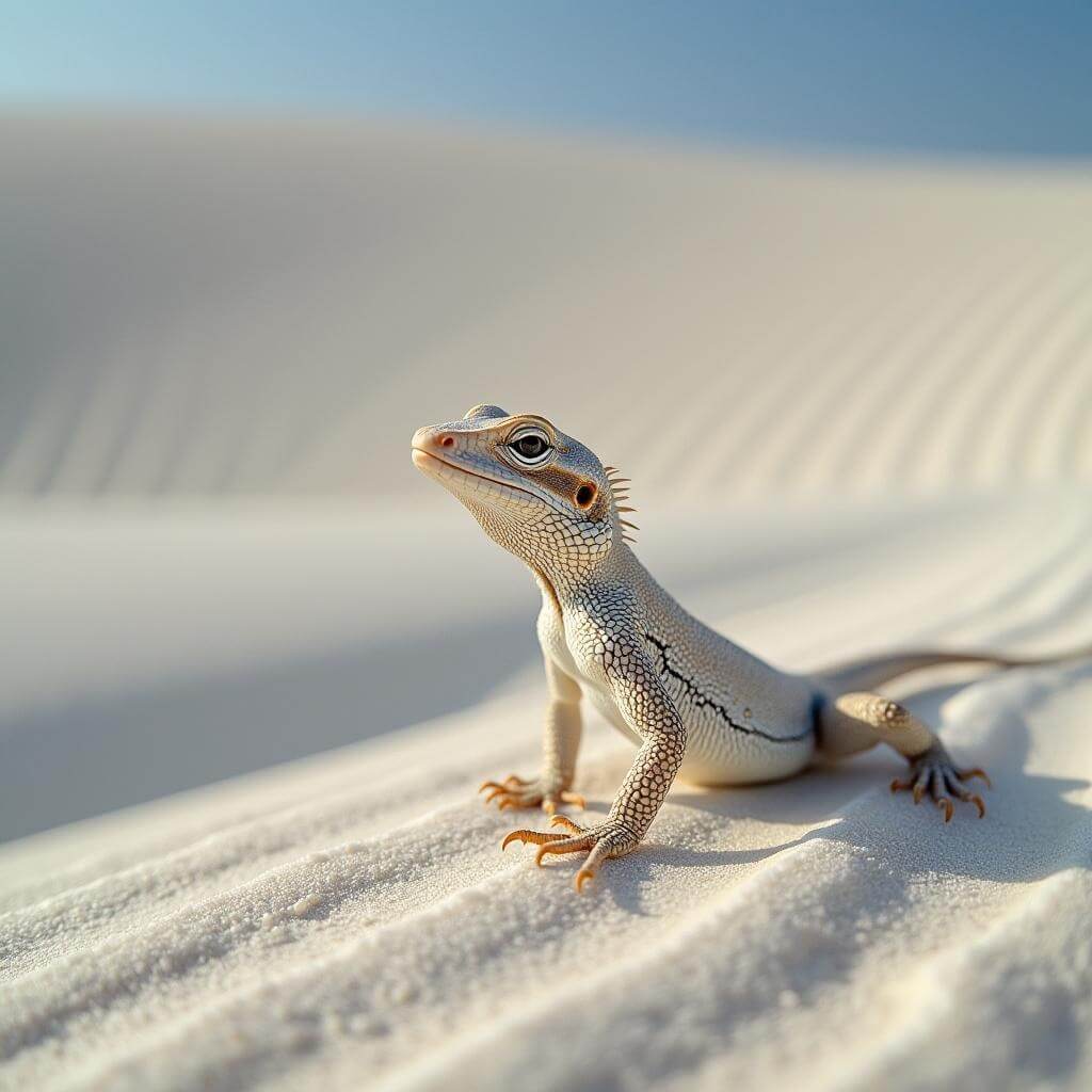 Earless white lizard camouflaged in gypsum sand dunes under morning light
