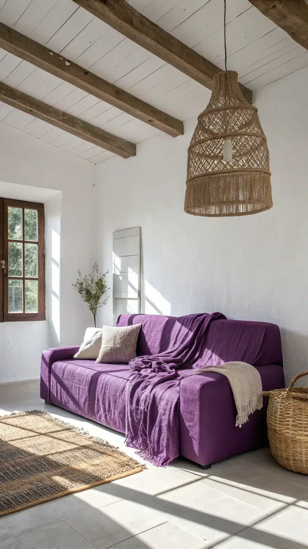 Bright morning light illuminating a 16x18ft room with white walls and a single aubergine-colored accent wall, furnished with a purple slip-covered sofa decorated with textured throws, with a rattan pendant light casting organic shadows, captured at a dutch angle.