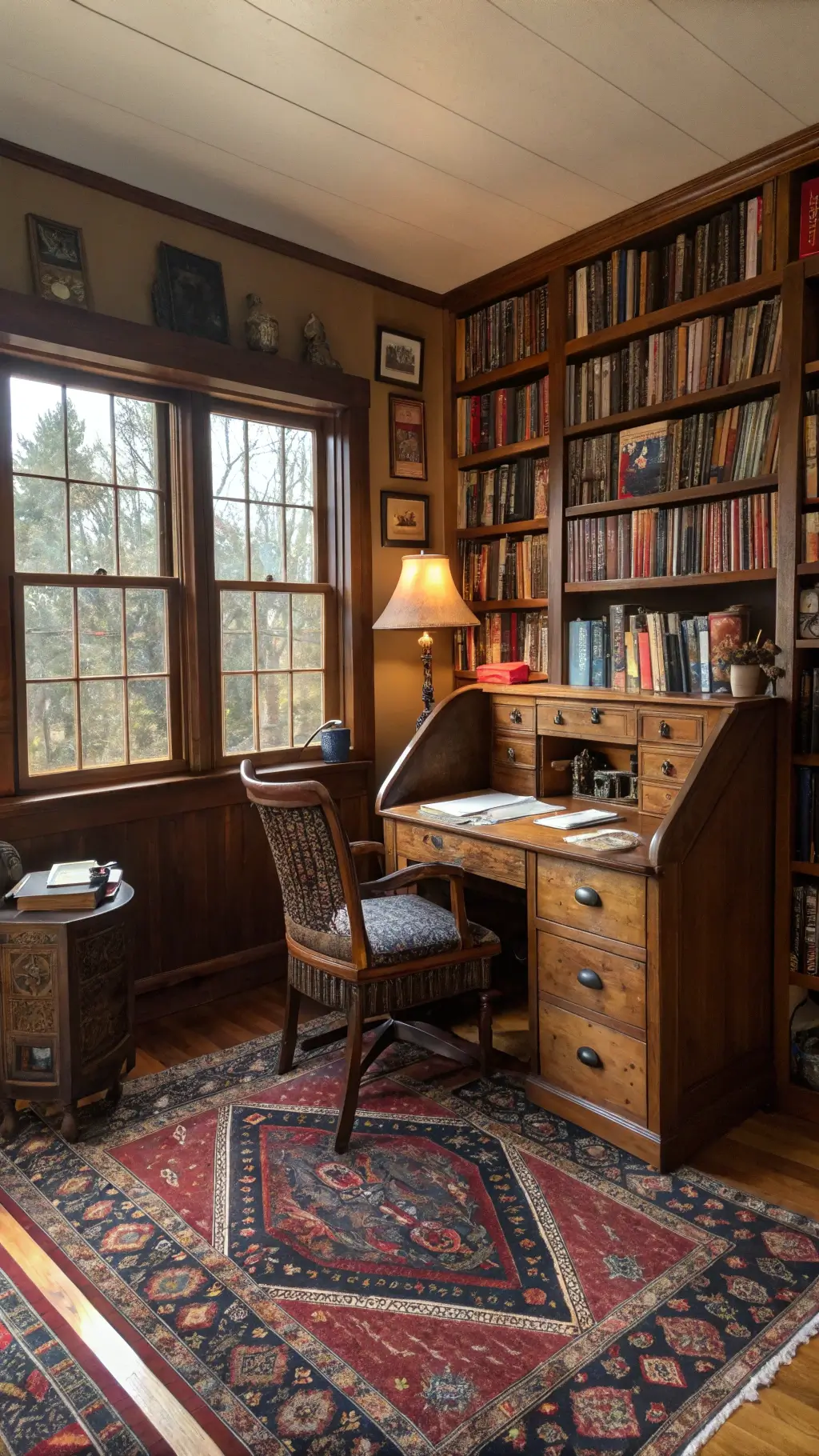 Cozy Bohemian Scholar's Retreat featuring a towering library wall, antique wooden desk, Persian rugs, brass lamp, and eclectic curios, bathed in warm afternoon light.