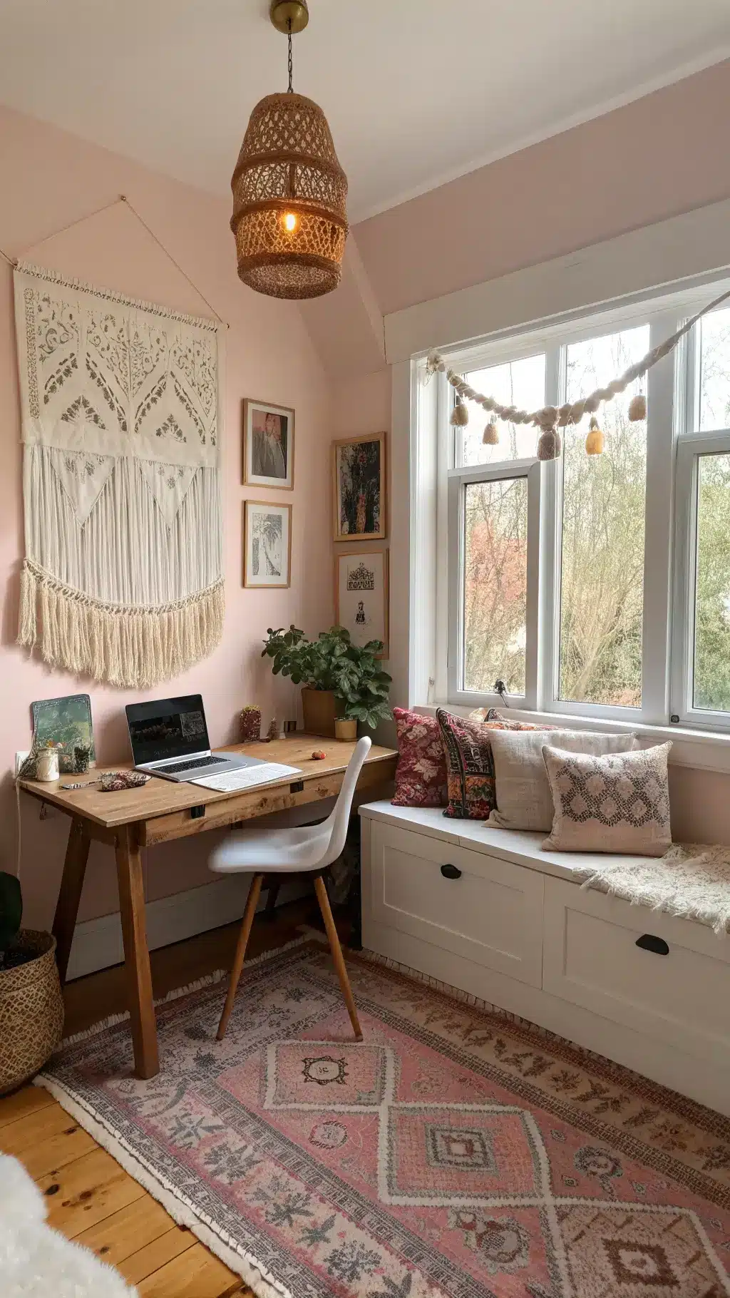 Bright creative workspace with blush pink walls, a white vintage desk, bohemian textiles, and copper pendant light, bathed in soft diffused light from north-facing windows.