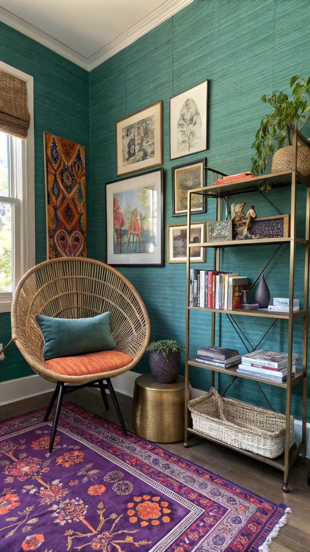 Bright, eclectic studio office filled with vintage prints, a rattan peacock chair, a brass étagère, and a vibrant overdyed vintage rug.