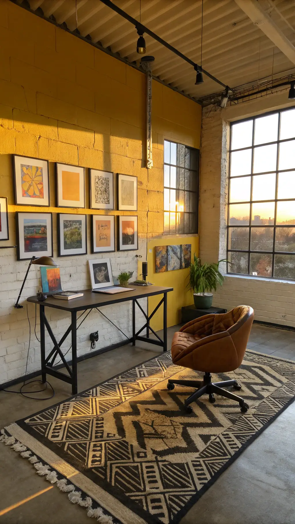 Spacious, sunlit creative studio with industrial windows, abstract art on a yellow accent wall, black steel-frame desk, cognac leather chair, and geometric-patterned rugs.