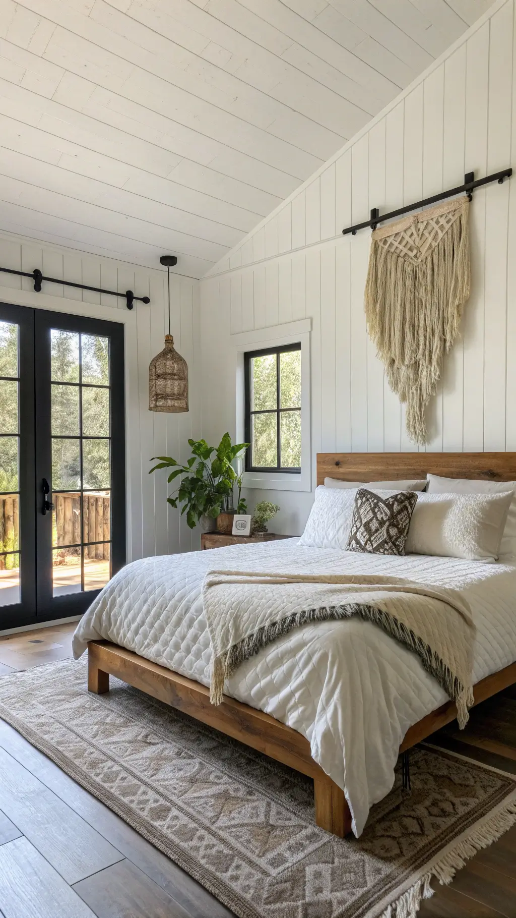 Mid-morning view of a sunlit 14x16ft rustic-modern bedroom featuring white shiplap walls, black steel-framed windows, a platform bed with live-edge walnut headboard, ivory linen bedding, a large macramé wall hanging, and potted eucalyptus in earthenware vessels.