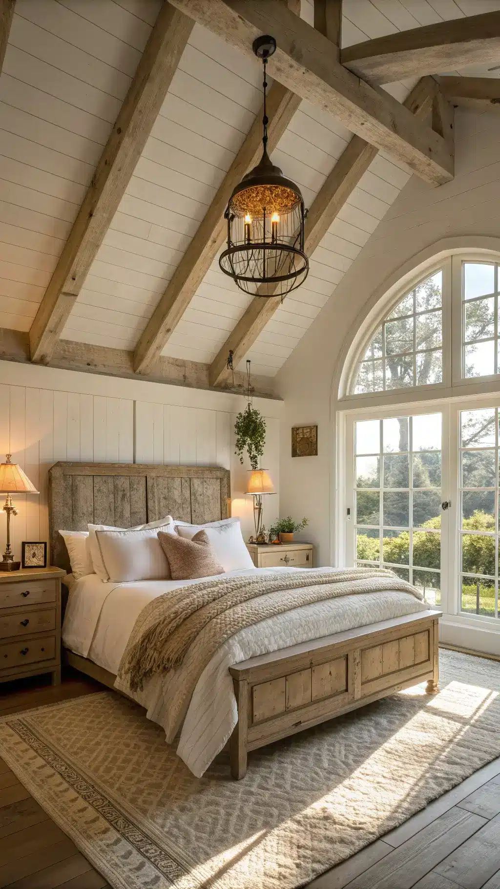 Sunny farmhouse bedroom with vaulted ceiling, king-size wooden bed, vintage nightstands and iron pendant light, large arched window with sheer curtains, shot in golden hour with soft focus.