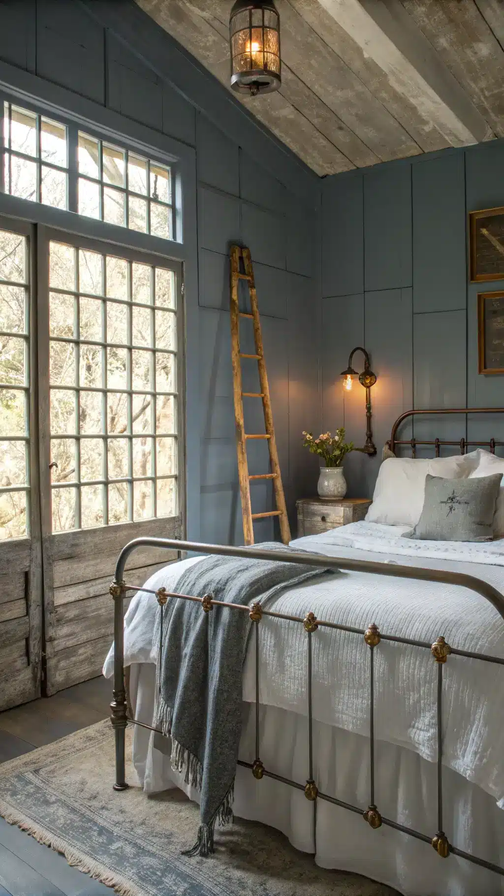 Rustic bedroom with dappled light on blue walls, distressed metal bed with white linens, vintage ladder blanket display, and warm brass sconces, shot from doorway