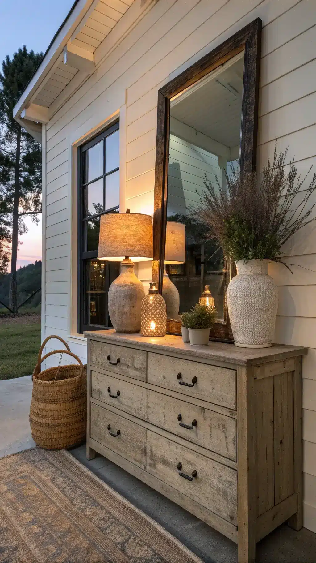 Moody twilight image of a 16x18 ft farmhouse primary suite with a warm white shiplap accent wall, an oversized antiqued mirror reflecting soft lamp light, and a weathered wooden dresser styled with earthenware vases, dried lavender, and vintage brass frames, shot at a 45-degree angle.