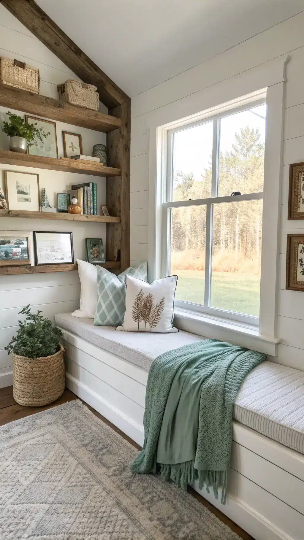 Cozy reading nook in a guest bedroom with distressed white window seat, grey pillows, reclaimed wood shelves with vintage botanical prints, and a sage green throw, brightly lit in midday sunlight