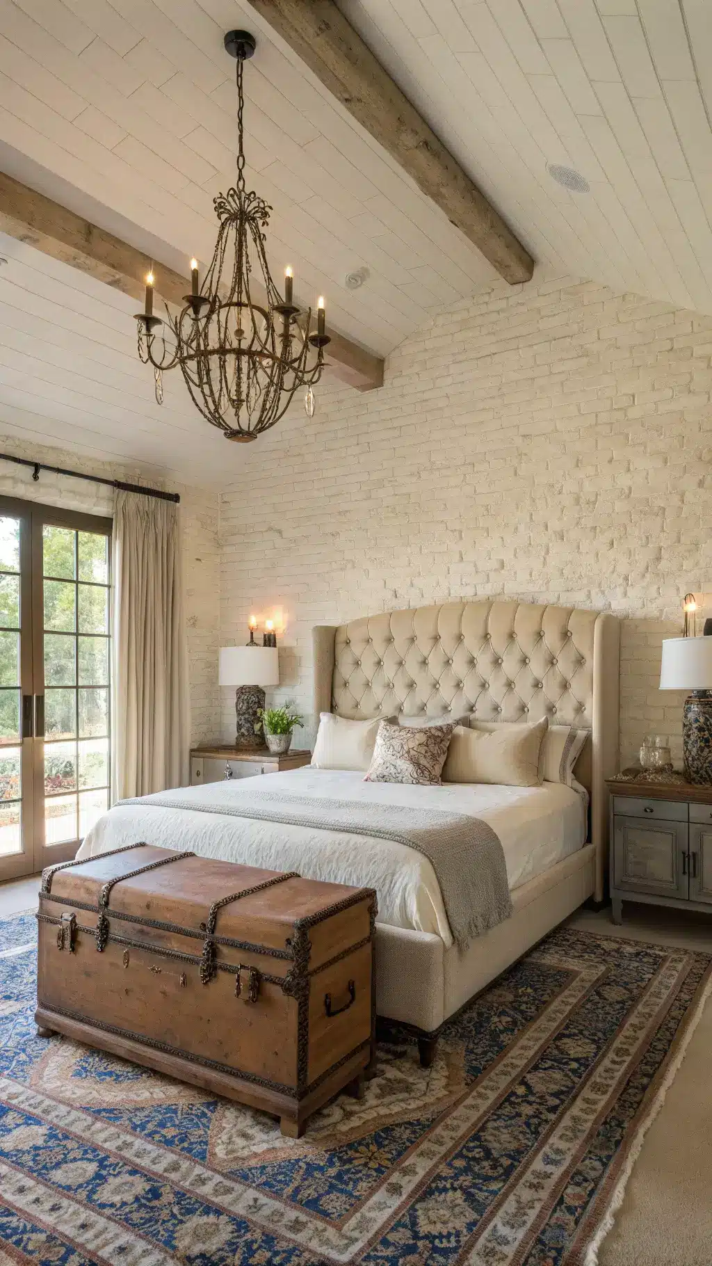 Whitewashed brick wall in a master bedroom with oatmeal linen headboard, vintage rugs, iron chandelier, and antique trunk under golden hour lighting