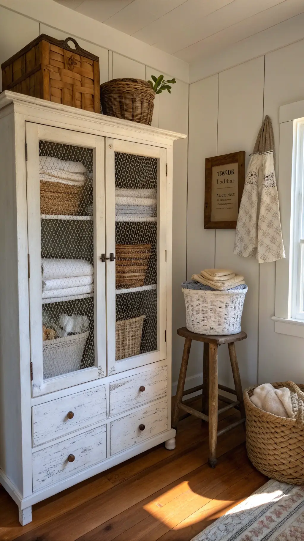 Close-up of a distressed white farmhouse armoire styled with quilts and linens, vintage milking stool side table, and woven grass baskets, under afternoon side lighting in 14x16 ft room with hardwood floors.