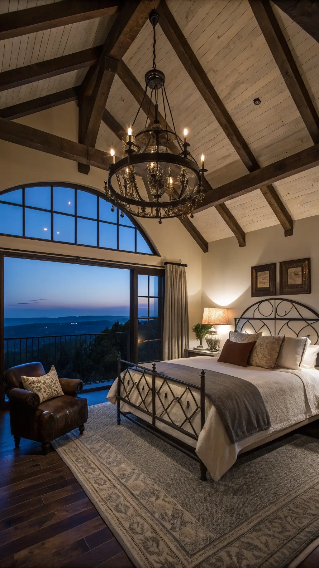Dramatic blue hour scene capturing entirety of 16x20 ft bedroom with a cathederal ceiling, dark wood beams, king bed dressed in white, cream, and charcoal linens, moody lighting from oversized lantern-style chandelier, and a vintage leather chair in reading corner