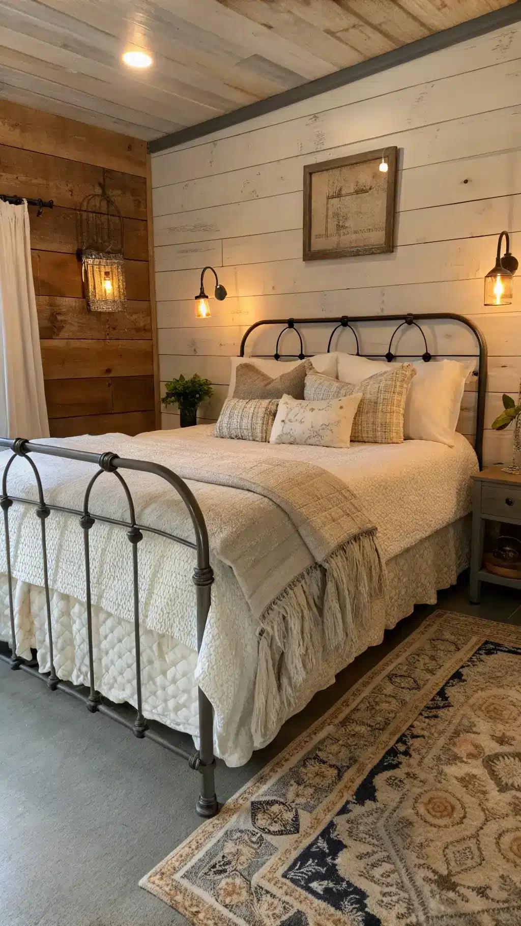 Cozy, romantic bedroom with white and ivory linens on a wrought iron bed, vintage quilts, industrial sconces on reclaimed wood wall, and seagrass rug over painted floors in warm evening lighting