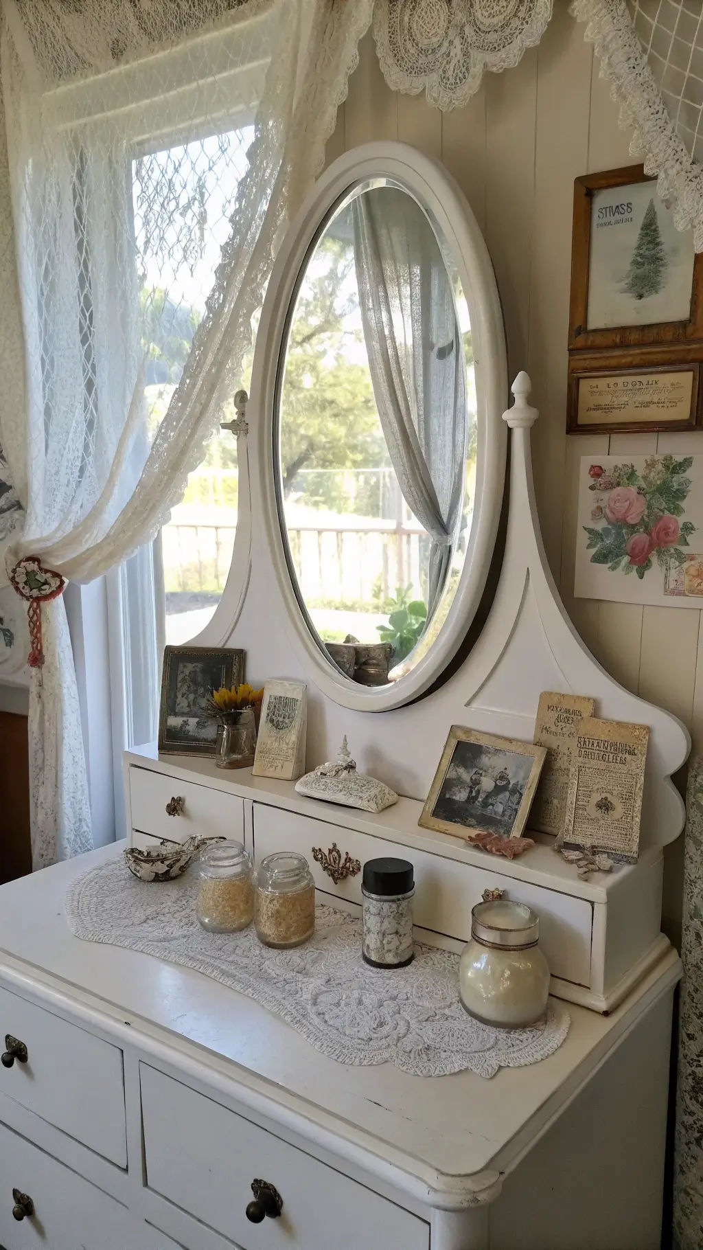 Victorian dresser with mercury glass vessels, ceramic containers and vintage postcards on linen pin board in a softly lit, dreamy 15x15 ft bedroom