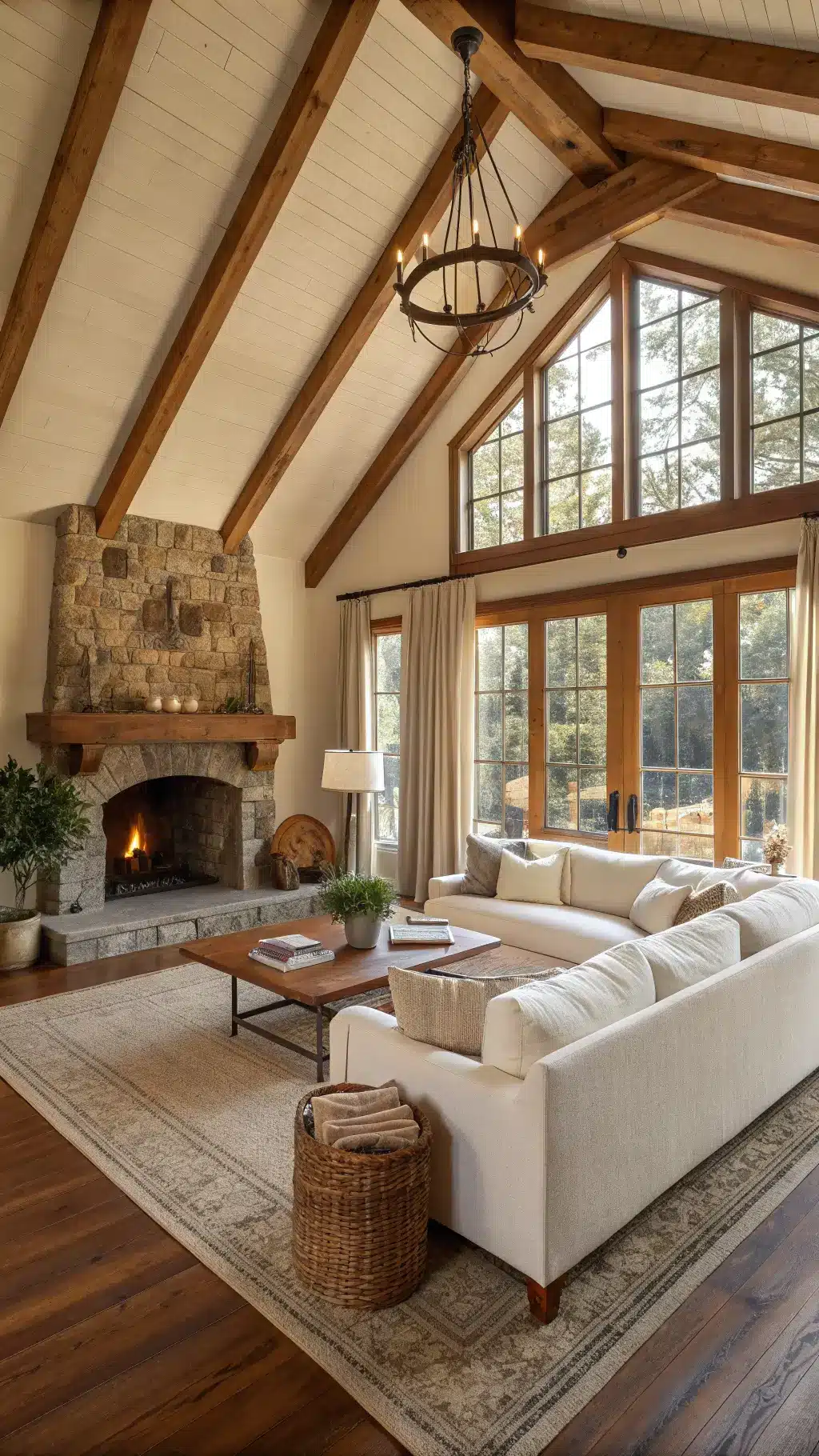 Sun-drenched living room with exposed wooden beams, massive walnut coffee table, cream linen sectional, copper floor lamp, stone fireplace and textural accessories, shot in golden hour light.
