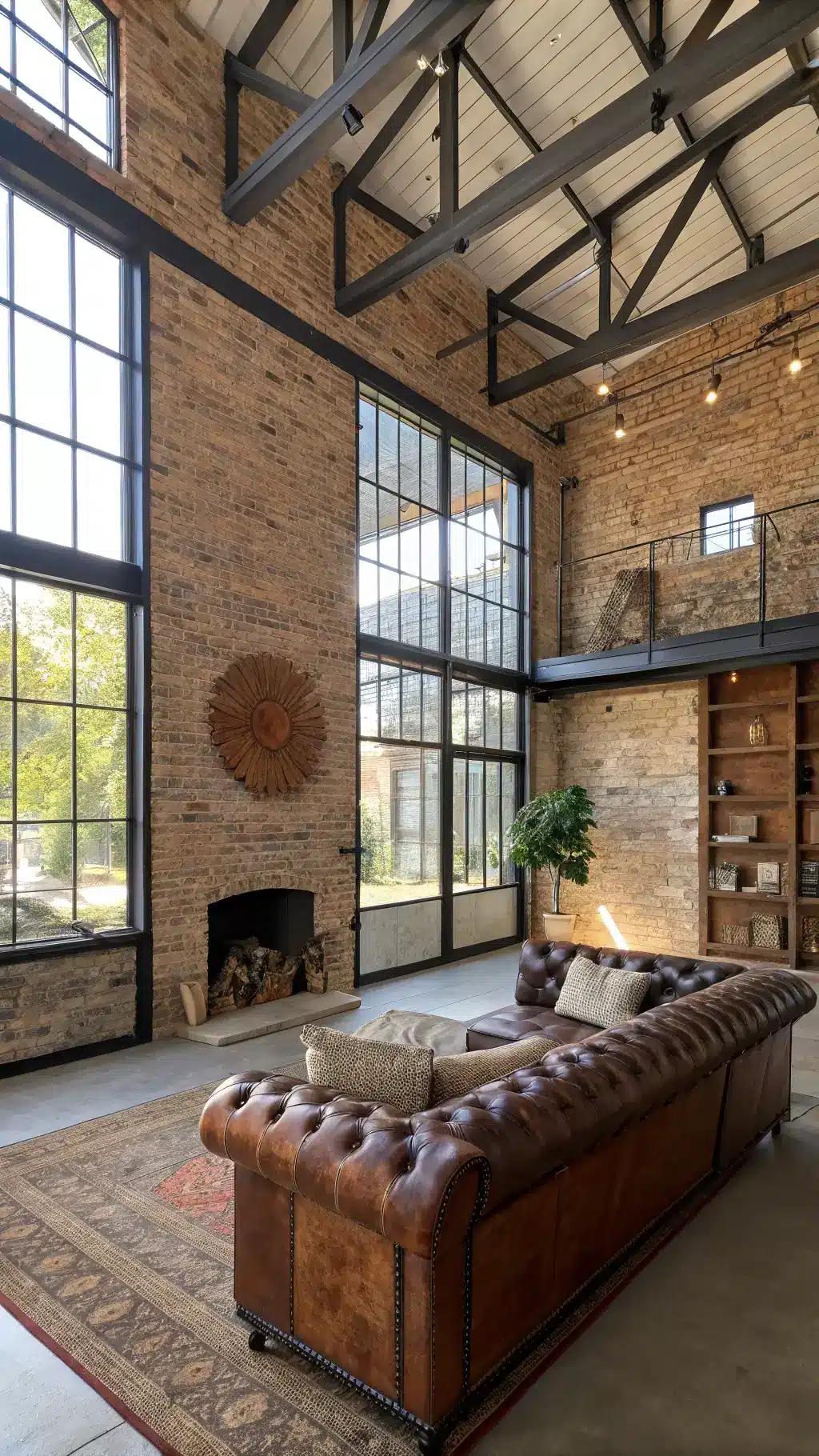 Aerial view of a spacious 24x24ft great room with exposed brick walls, steel beams, an oversized leather Chesterfield sofa adorned with vintage kilim pillows, and a custom steel-and-glass room divider. Firewood is stacked in a built-in niche. A handwoven wall hanging decorates the area above the console. The room is lit by strong natural light that casts dramatic shadows.