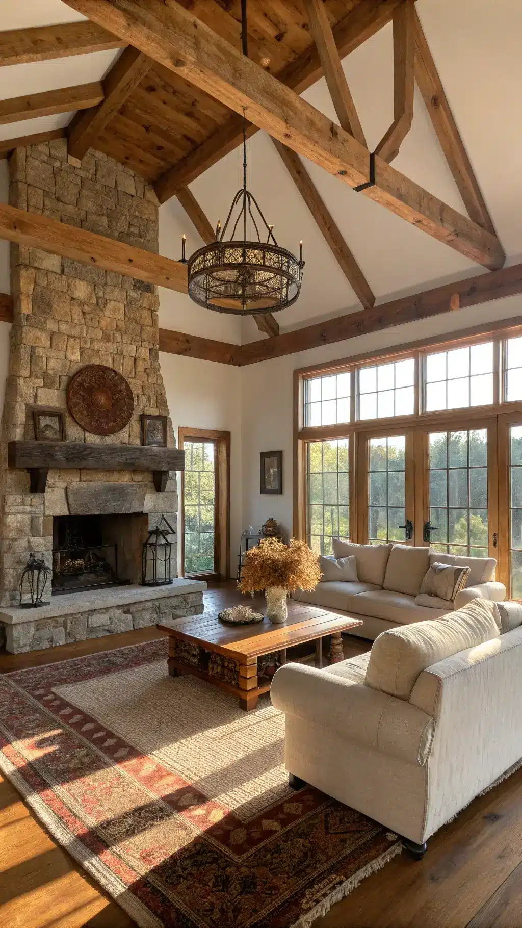 Sunlit farmhouse living room with exposed wooden beams, cream linen sofas, a large barn wood table, layered Persian and jute rugs, a stone fireplace, dimmed wrought iron chandelier, vintage copper vessels with dried wheat, and a leather chair with a knitted throw.