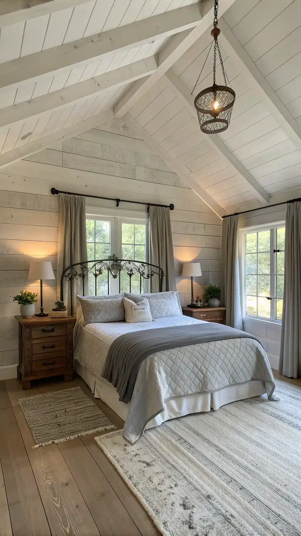 A rustic bedroom at dawn, featuring a king-sized iron bed with rumpled linens, distressed oak nightstands, sheepskin rugs, an antler wall mount above the headboard, and low morning light filtering through white curtains.