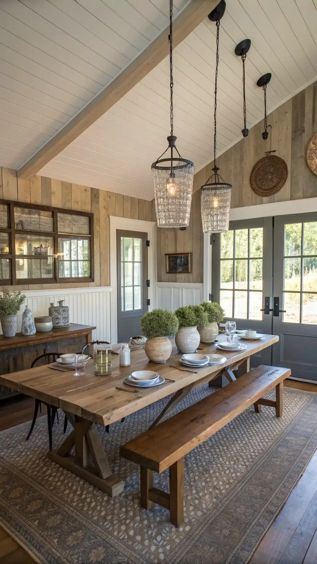 Welcoming 16x16ft dining area with salvaged wood table, hand-thrown pottery, iron pendant lights, a sliding barn door, sideboard with reclaimed mirror, Windsor chairs, bench seating, and vintage kilim runner. Lit by natural light through industrial-style windows.
