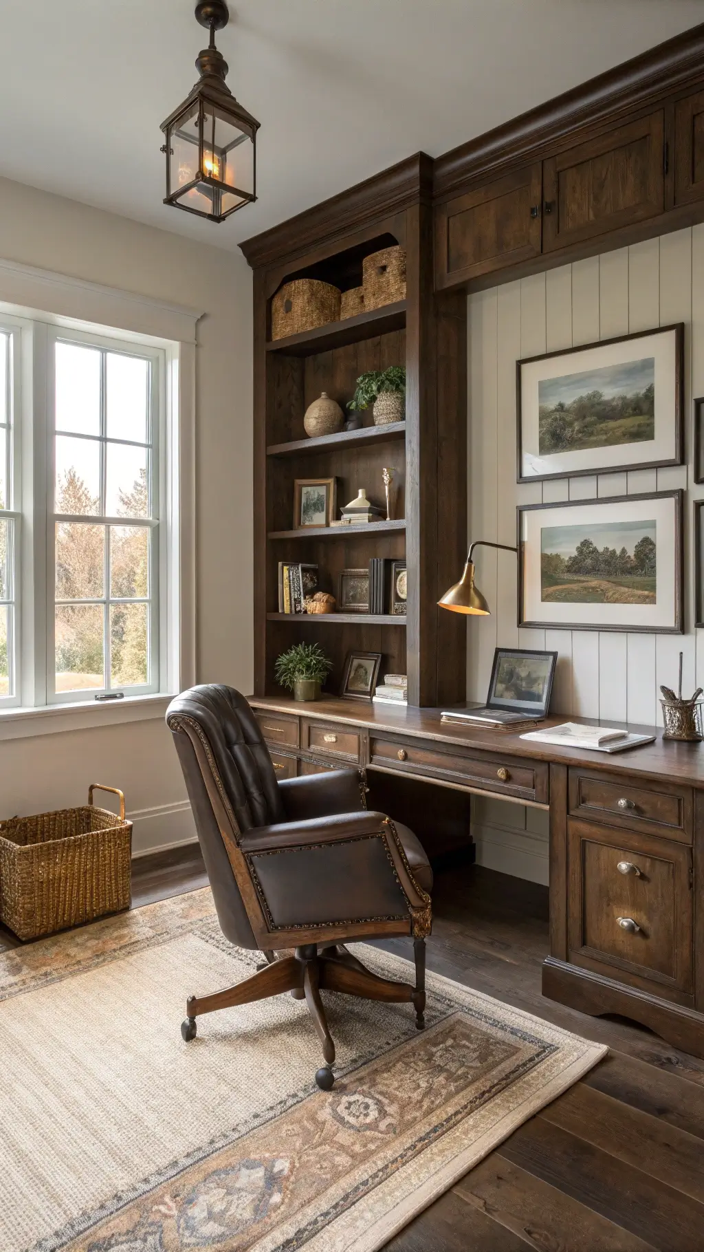 Serene home office featuring antique desk, built-in walnut bookshelves, southwestern area rug, black and white gallery wall, and floating shelves with pottery displayed.