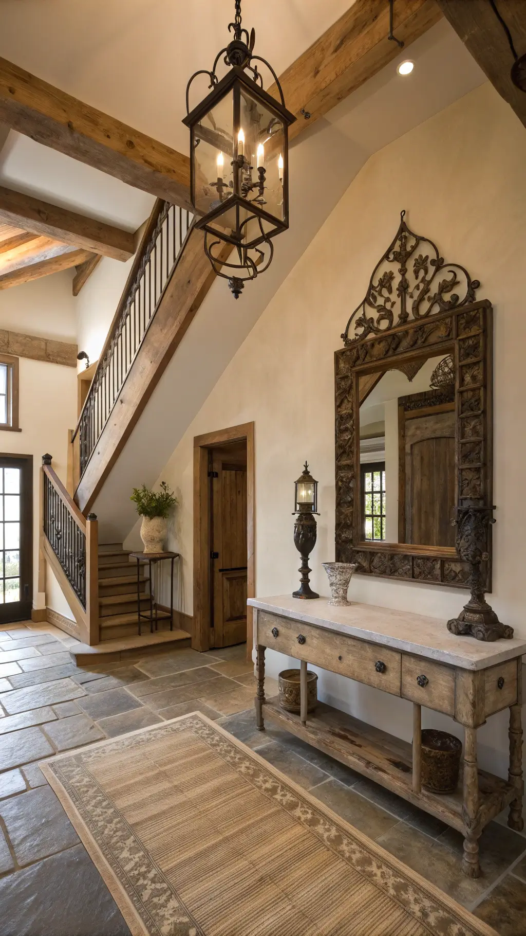 Rustic cathedral-ceiling entryway with wrought iron lantern pendant, timber staircase, distressed wood frame mirror, antique console table and wall-mounted antler coat hooks in the evening light.