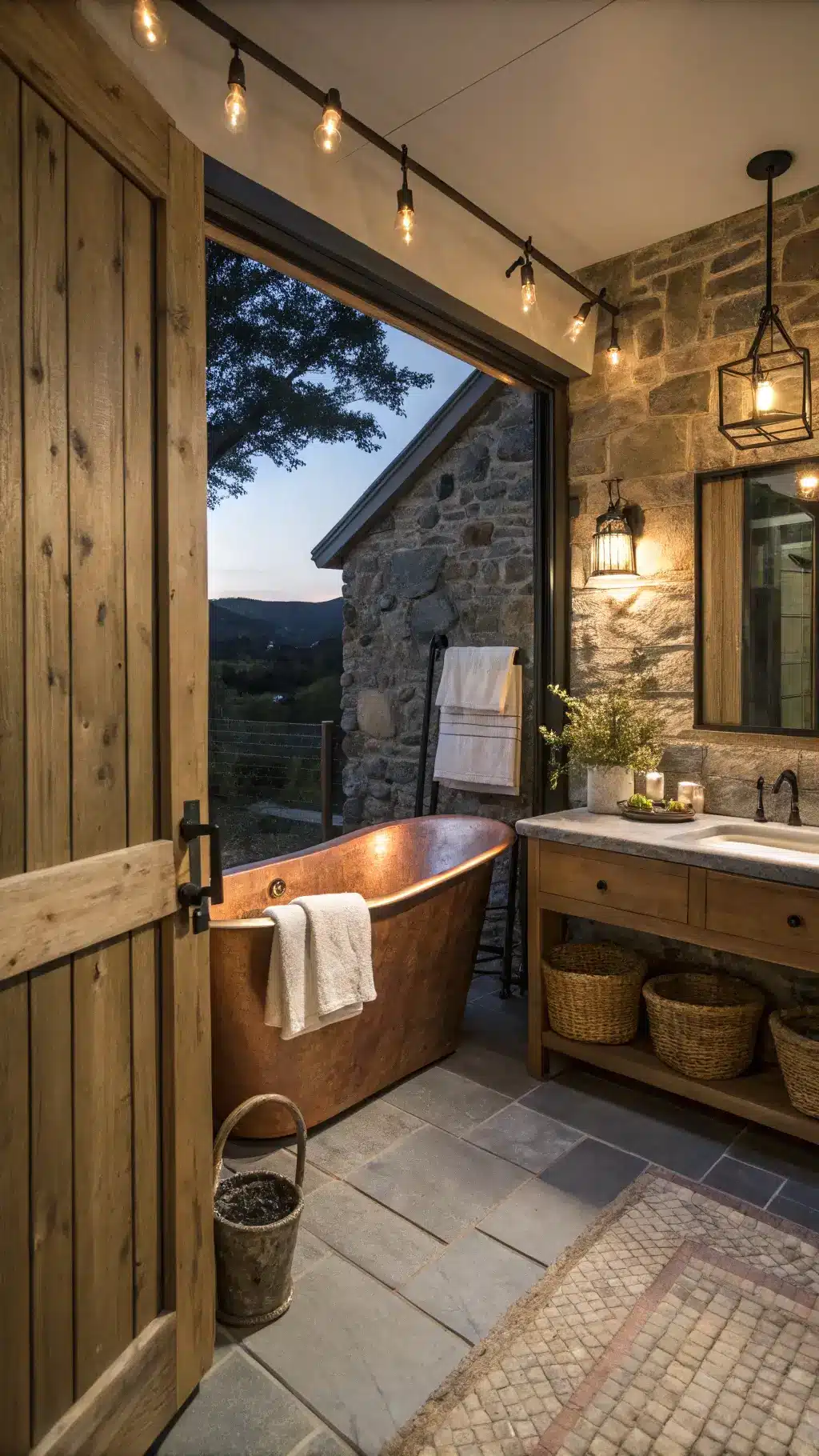Rustic spa bathroom with copper tub, stone wall, wooden vanity, industrial sconces, Turkish towels, sliding oak barn door, pebble floor, eucalyptus bundle and woven storage baskets, viewed from doorway with tub reflected in vintage mirror.