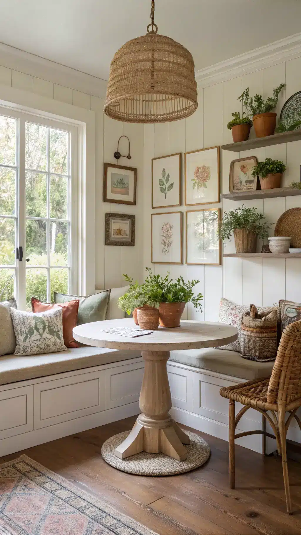 Afternoon light flooding a garden-view breakfast nook with a built-in banquette, weathered oak table, vintage pendant light, botanical prints in brass frames, kilim pillows, and fresh herbs in pots, viewed from the kitchen entrance.