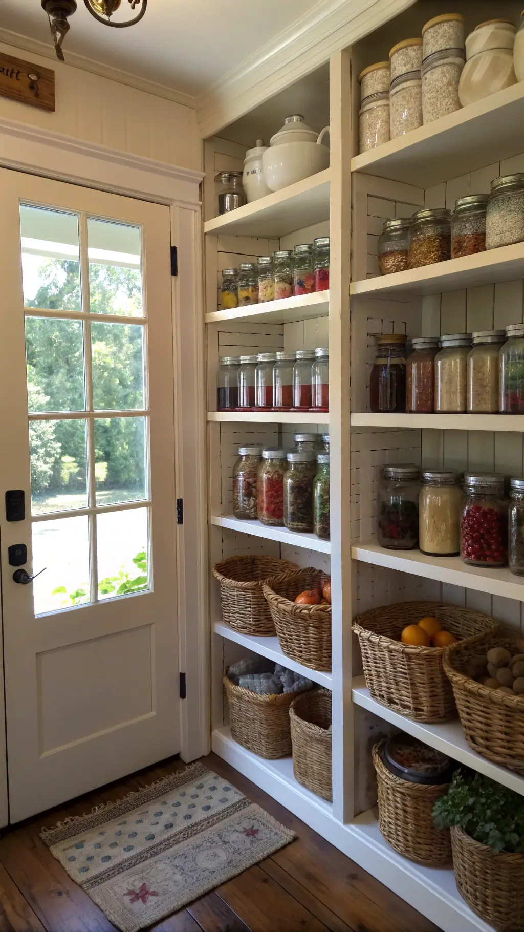 Country kitchen pantry featuring floor-to-ceiling shelves filled with vintage mason jars, crocks, produce in wire baskets, and dry goods in woven baskets, lit by ambient light from glass door panels with enamelware collection displayed on top shelf.