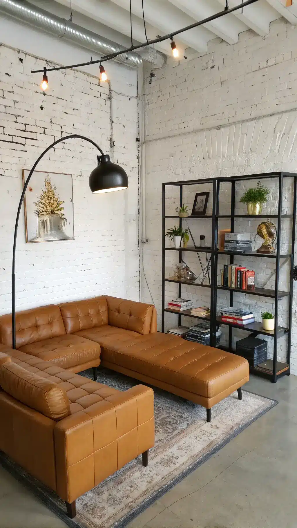 Modern corner unit with industrial design elements featuring white painted exposed brick wall, camel leather sectional, black metal and glass étagère with books and sculptures, and brushed brass oversized arc floor lamp, shot from corner with mixed Edison bulb and natural lighting.